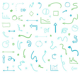 Colored infographic elements isolated on white. Set of sketchy indicator signs. Hand drawn abstract arrows. Symbols for work