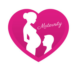 Vector silhouette of pregnant woman with her man on pink heart. Isolated on white background.