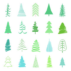 Colorful christmas trees on white. Hand drawn set for design on isolated background. Colored illustration