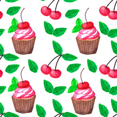 cherry muffins seamless watercolor pattern. Tasty breakfast cake print. Celebration and party. Paper flower. Design element. Watercolor illustration. Watercolor dessert collection.