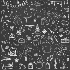 Hand drawn christmas background. Abstract chalkboard. Sketchy background with holiday elements. Design for your business. Black and white illustration