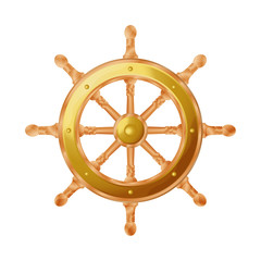 A luxury ship steering wheel made of wood, with gold plates and a carved shape of handles and wheel spokes.