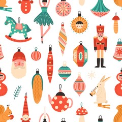 Fototapeta na wymiar Christmas tree decorations flat vector seamless pattern. Traditional winter holiday cartoon texture. Decorative xmas toys illustration. New year backdrop. Festive wrapping paper, wallpaper design.