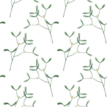 vector watercolor hand painted seamless pattern of mistletoe branches, Christmas plant illustration for holyday design, textile, wrapping, wallpaper