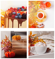Autumn collage of four photos. Cake with berries, hot tea, old books, cappuccino. Fall. Warm and cozy