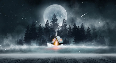 Winter night scene. Winter in the forest, a house in the mountains. Forest winter fairy tale. Dark night forest, big moon and snow, snowdrifts. Waiting for a Christmas miracle.
