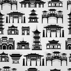 Seamless vector pattern with black and white Chinese traditional buildings on a light gray background.