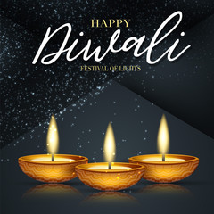 Happy Diwali - festival of lights poster or flyer design. Indian traditional holiday background with glowing garland and text typography on a black backdrop. . Diya oil lamp. Vector illustration.