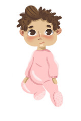 Toddler baby girl character with brown hair sitting for first year crafts project like baby girl poster or invitation for baby birthday party and newborn branding design