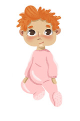 Toddler baby girl character with red hair sitting for first year crafts project like baby girl poster or invitation for baby birthday party and newborn branding design