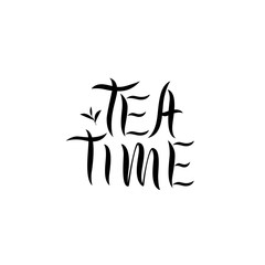 Tea time - inscription calligraphic lettering design. Handmade lettering with tea leaf. Graceful, wavy inscription. Drawn art sign. For logotype, menu, carte, poster, banner, tag