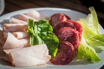 Isolated close up of a plate with cold cuts, ham and salami- Israel