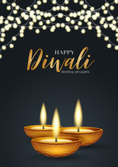 Happy Diwali - festival of lights poster or flyer design. Indian traditional holiday background with glowing garland and text typography on a black backdrop. Gorgeous banner. Diya oil lamp.
