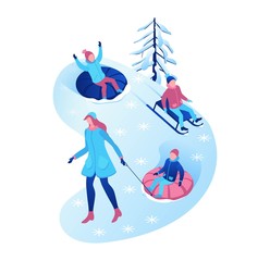 Kids riding tubing, winter isometric people set, 3d vector sport family playing, family playing outdoor snow games, simple cartoon characters, mother with children