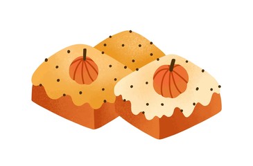 Sweet pumpkin cakes, pies flat vector illustration