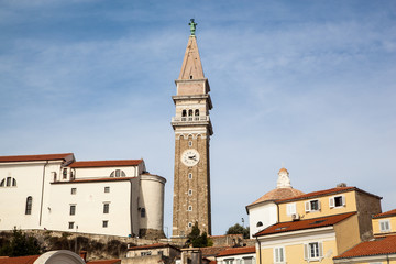 Fototapeta premium Belfry of Baptistery of St. John the Baptist in Piran, Slovenia