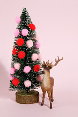 christmas tree pompoms and reindeer pink