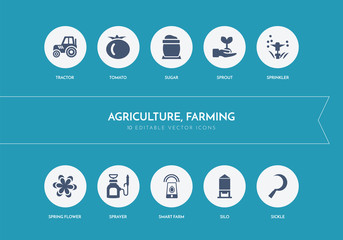 10 agriculture, farming concept blue icons