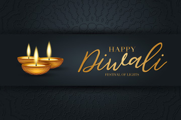 Diwali festival of lights poster design. Indian traditional holiday background Diya oil lamp and golden text typography on black backdrop with hindu ornament. Gorgeous celebration banner.  - obrazy, fototapety, plakaty