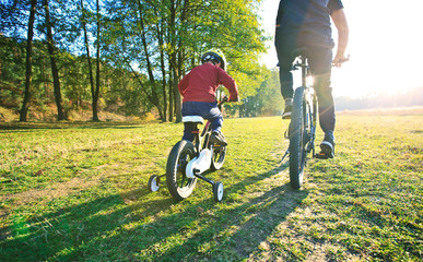 Father and son together are riding bicycles through the pathway in the field