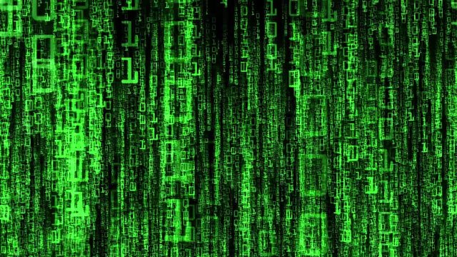Falling green binary numbers representing computer code. Green glowing computer generated zeros and ones fall vertically in random streams against black background