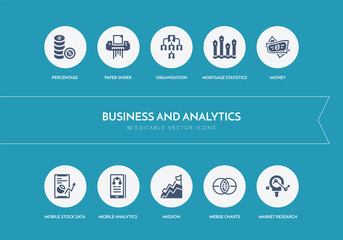 10 business and analytics concept blue icons