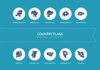 10 country flags concept blue icons