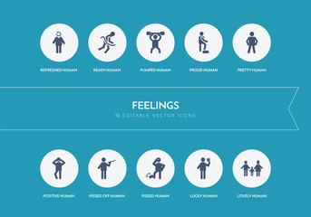 10 feelings concept blue icons