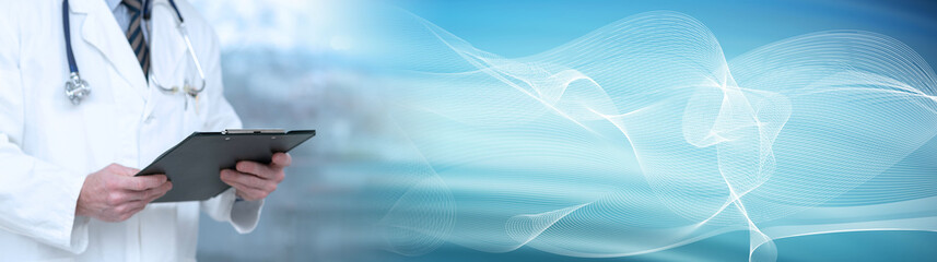 Doctor holding a clipboard; panoramic banner