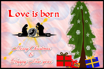 painting of christmass card . christmass card.love is born