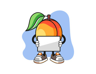 Fototapeta premium Apricots hold banner mascot design vector. Cartoon character illustration for business, t shirt, sticker.