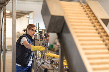 Fototapeta premium Worker woman revises machine in factory