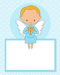 Angel with chalice sitting in a blank frame. Frame with space for text or photo