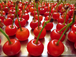 A lot of cherry fruit laid out on a metal surface - a beautiful saturated background with organic food. Red ripe juicy berries with green stalks