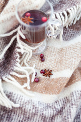 Cup of hot tea with spices,  red berries and warm blanket. Cozy winter background
