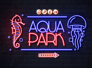 Neon sign aqua park with sea hourse and jellyfish. Vintage electric signboard.