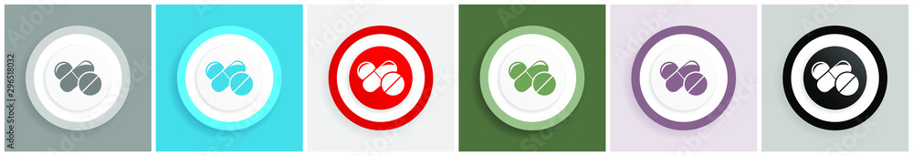 Aufkleber Medicine icon set, colorful flat design vector illustrations in 6 options for web design and mobile applications