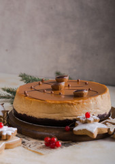 Cheese cake whole. Festive Christmas caramel cheesecake traditional winter cake recipe 