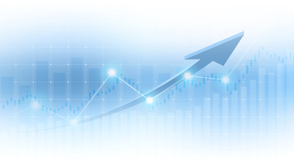 abstract financial graph with uptrend arrow line and bar chart in stock market on blue and white color background