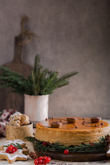 Fototapeta na wymiar Cheese cake whole. Festive Christmas caramel cheesecake traditional winter cake recipe 