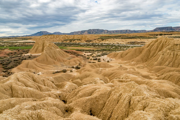 Sedimentary eroded mountains in the Spanish badlands Bardenas Reales