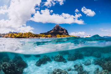 Tropical blue ocean with Le Morne mountain at Mauritius.