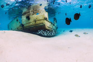 Tropical ocean with wreck of boat on sandy bottom and school of fish, underwater in Mauritius