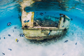 Tropical ocean with wreck of boat on sandy bottom and school of fish, underwater in Mauritius