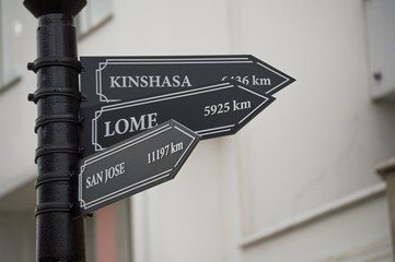 Pointer cities on the post. Kinshasa, Congo, and Lome, Togo, Afr