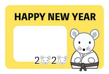 年賀状、年賀状2020、2020、ネズミ、子年、柔道、はがきテンプレート、横書き、フォトフレーム