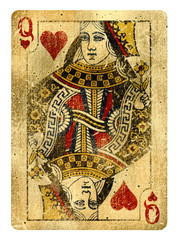 Queen of Hearts Vintage playing card isolated on white (clipping path included)