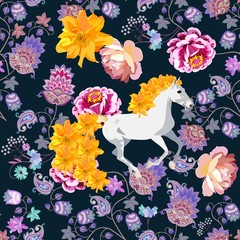 White horse with mane and tail in shape of golden dahlia flowers against floral and paisley ornament on dark background. Seamless pattern, print for fabric, wallpaper.