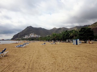 Fototapeta na wymiar Las Teresitas beach near Santa Cruz de Tenerife. Tenerife, Canary Islands, Spain. Cloudy day on Las Teresitas beach