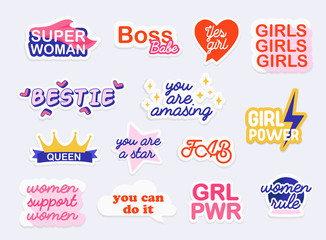 Fototapeta premium Collection of stickers with woman slogans. Feminism. Girl power.